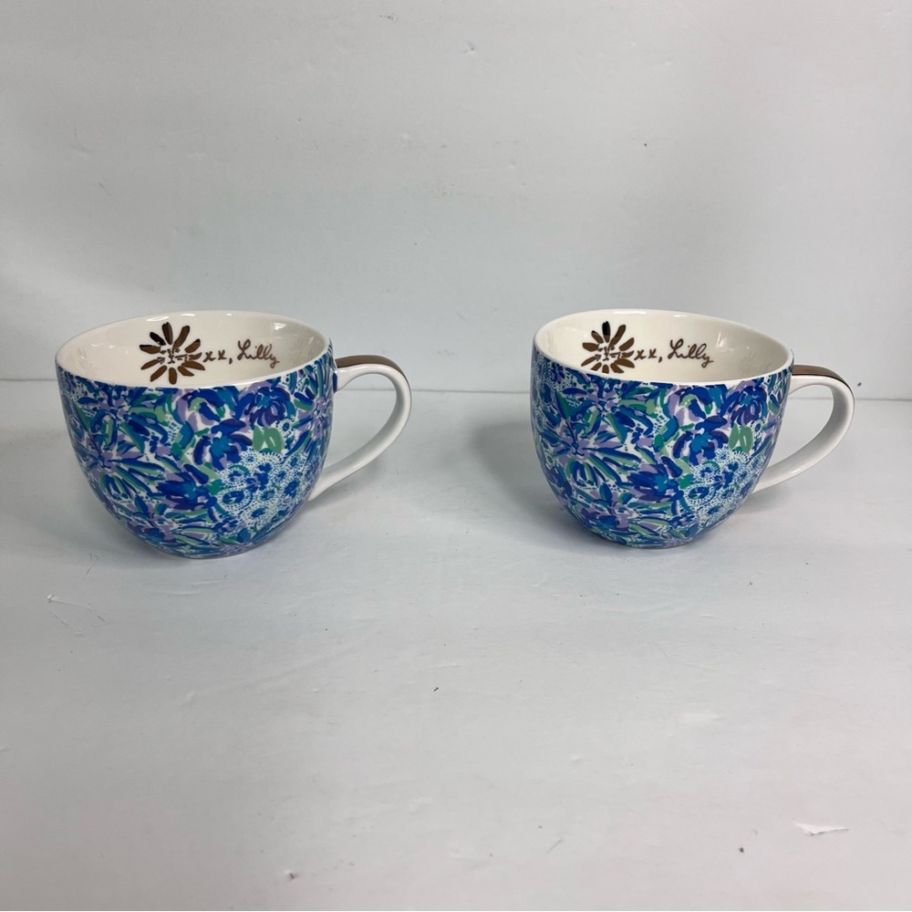 lilly pulitzer ceramic coffee mug vibrant blue purple green floral gold accents